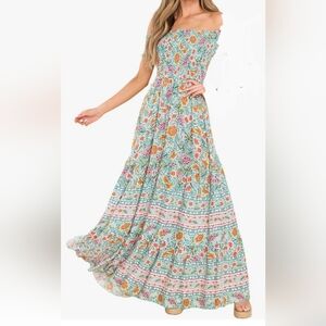 Ostoo Boho Tube Top Floral Maxi Dress